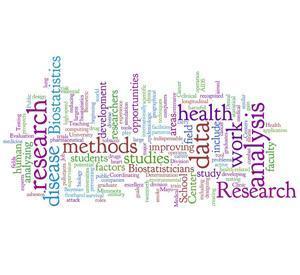 word cloud of words related to research. the largest words are research, data, disease, biostatistics, health, and work