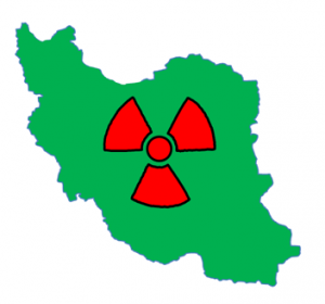 Green outline of Iran with red nuclear symbol superimposed