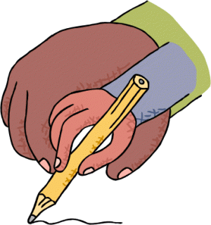 An adult hand guiding a child's hand in writing with a pencil