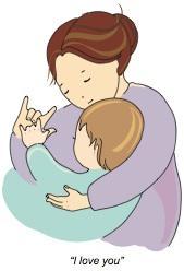Cartoon image of mother and baby signing "I love you"