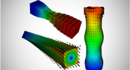 Computer rendered drawing of three rainbow-colored three-dimensional objects