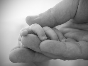 Adult handing holding an infant hand